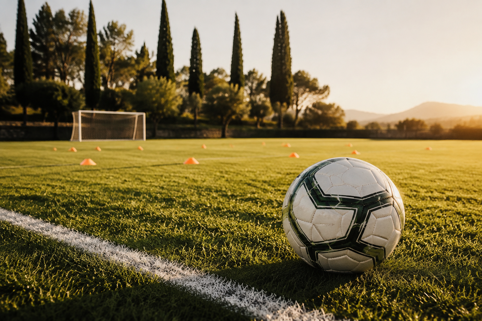 Ilustración de un balón sobre un campo de fútbol con conos y una portería al fondo